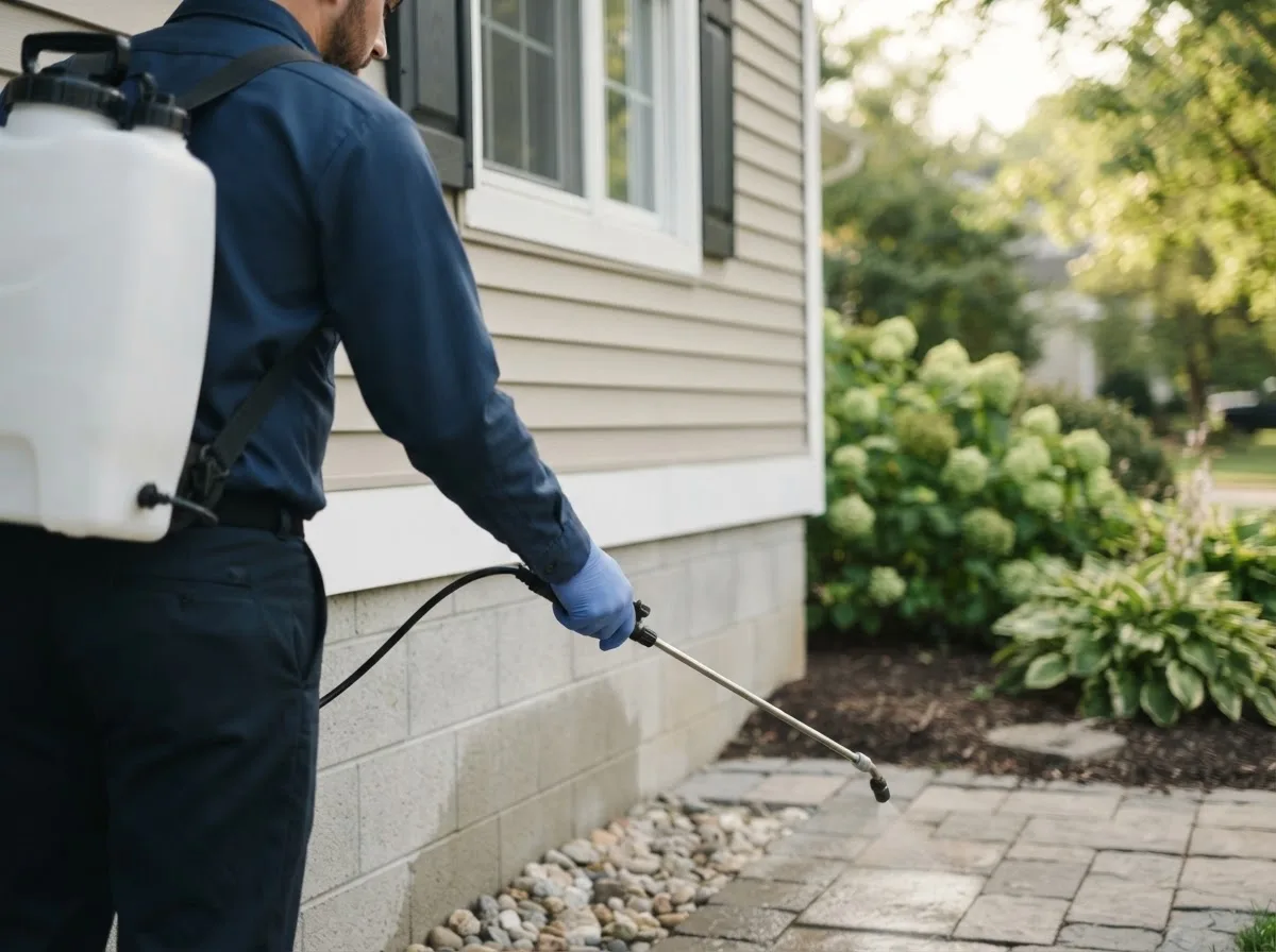 Pest control technician inspecting a home in Seneca, OR